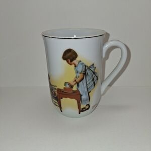 Norman Rockwell White Mug with Blue, Brown and Yellow Illustration